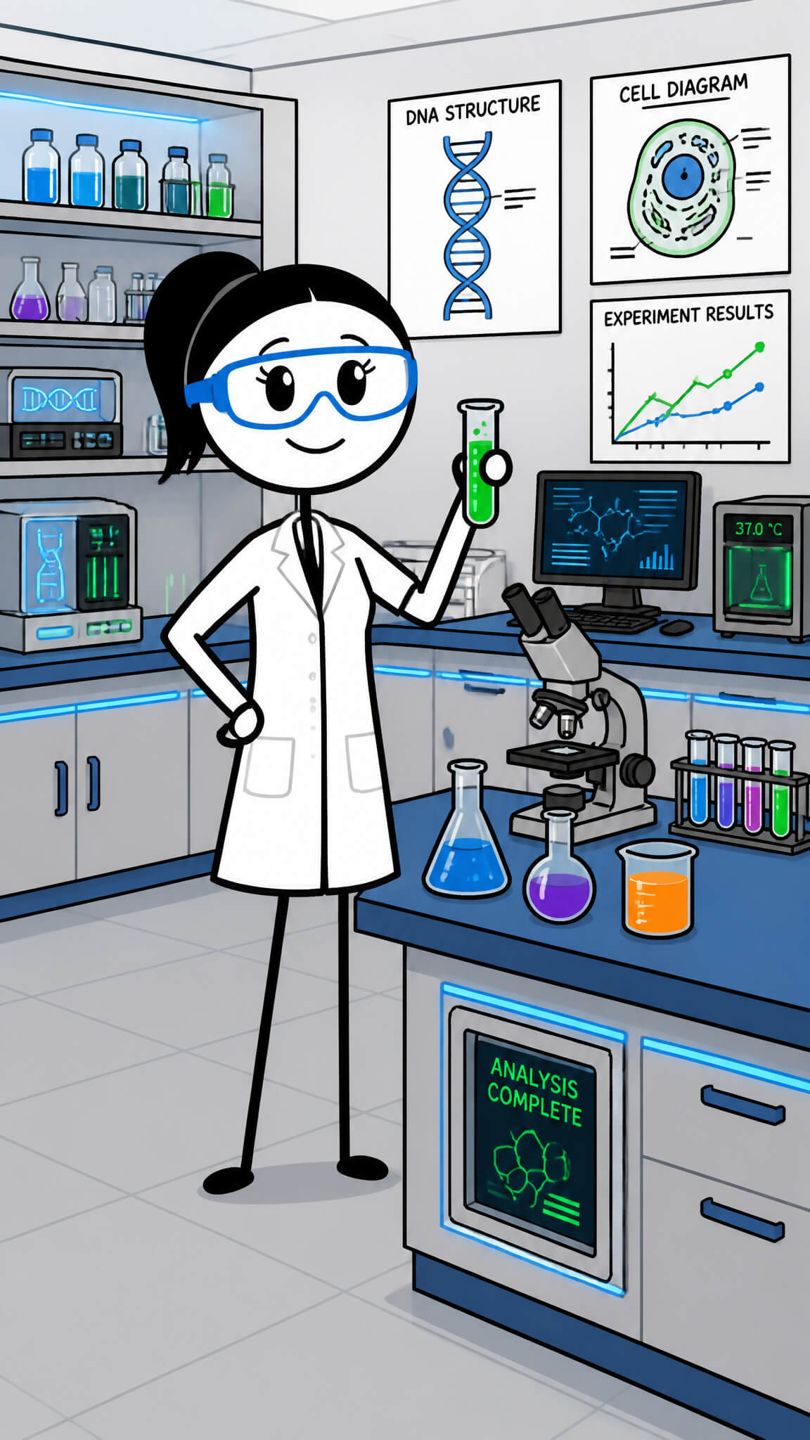 Stickman scientist in safety goggles holding a test tube in a lab