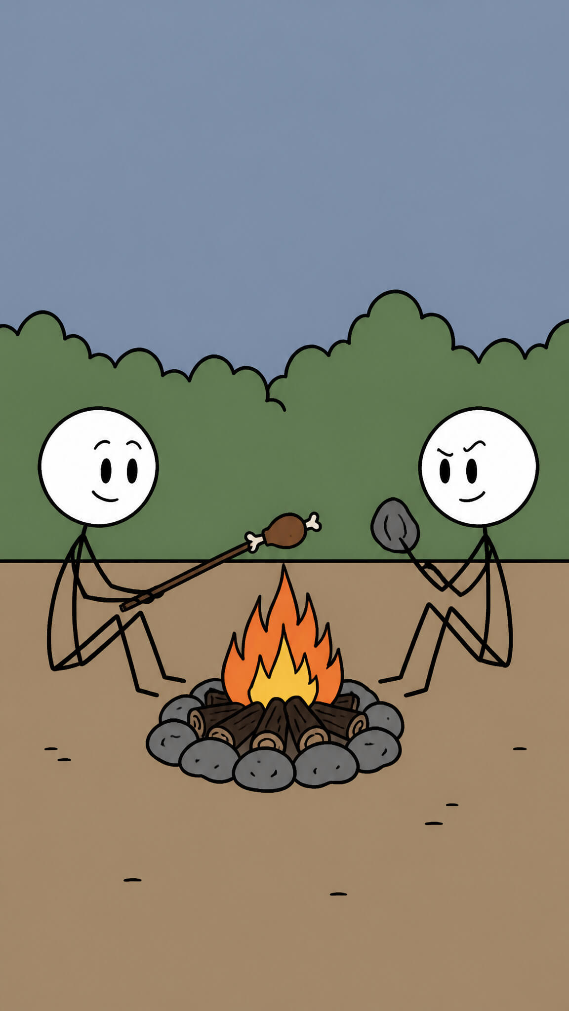 Two stick figures roasting meat over a campfire