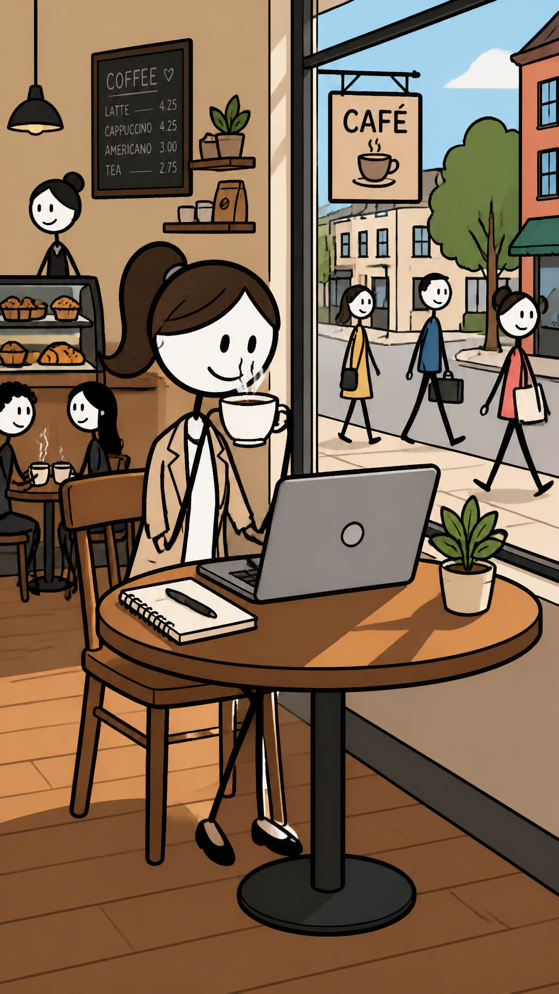 Stickman drinking coffee at a laptop in a busy café