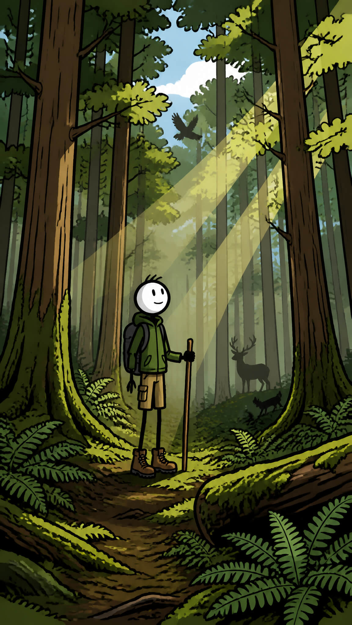 Stick figure hiker with a walking stick in a sunlit forest